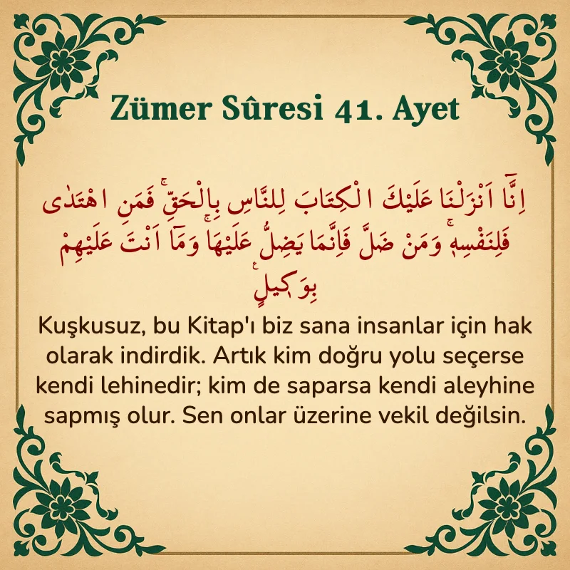 Zümer Suresi 41. Ayet Arapça ve Türkçe meali
