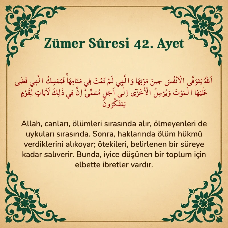 Zümer Suresi 42. Ayet Arapça ve Türkçe meali