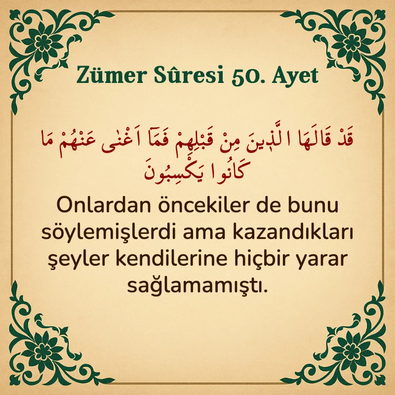 Zümer Suresi 50. Ayet Arapça ve Türkçe meali