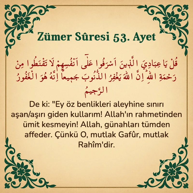 Zümer Suresi 53. Ayet Arapça ve Türkçe meali