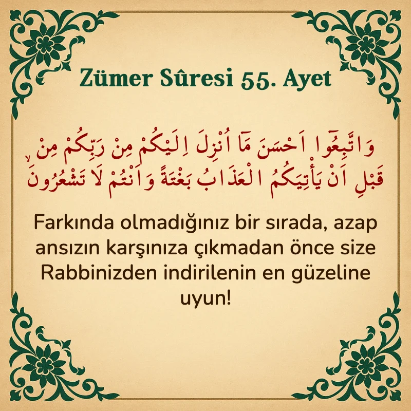 Zümer Suresi 55. Ayet Arapça ve Türkçe meali