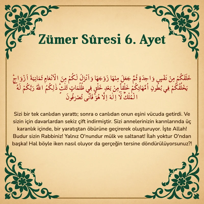 Zümer Suresi 6. Ayet Arapça ve Türkçe meali