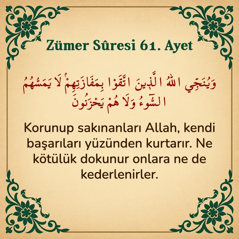 Zümer Suresi 61. Ayet Arapça ve Türkçe meali