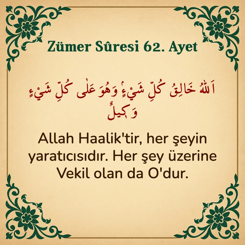 Zümer Suresi 62. Ayet Arapça ve Türkçe meali