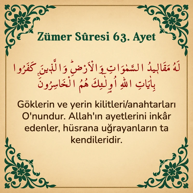 Zümer Suresi 63. Ayet Arapça ve Türkçe meali