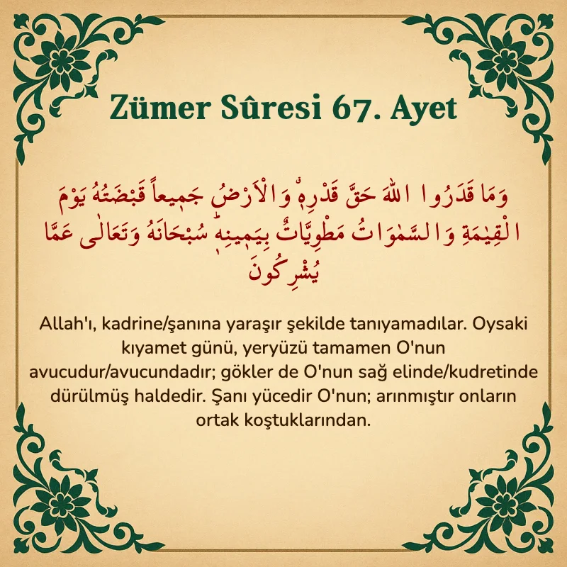 Zümer Suresi 67. Ayet Arapça ve Türkçe meali