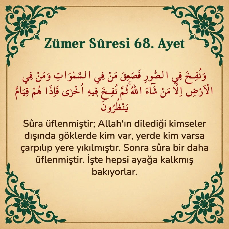 Zümer Suresi 68. Ayet Arapça ve Türkçe meali