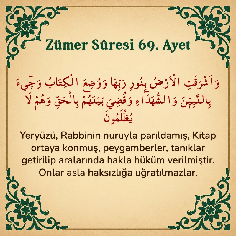 Zümer Suresi 69. Ayet Arapça ve Türkçe meali