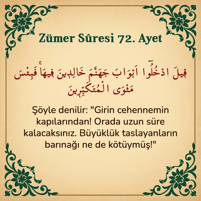 Zümer Suresi 72. Ayet Arapça ve Türkçe meali