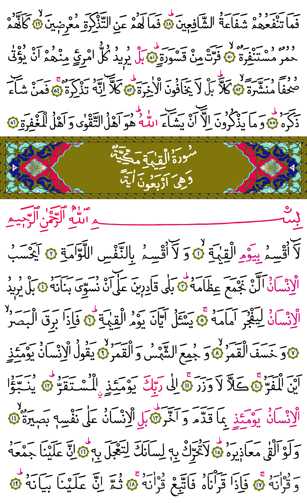 Müddessir ve Kıyâmet Sûresi - 576. Sayfa Arapçası