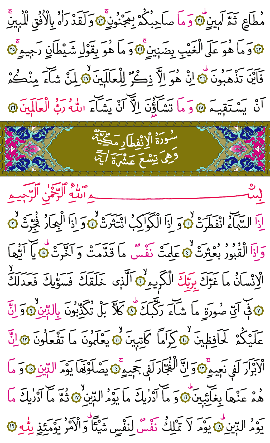 Tekvîr ve İnfitâr Sûresi - 586. Sayfa Arapçası