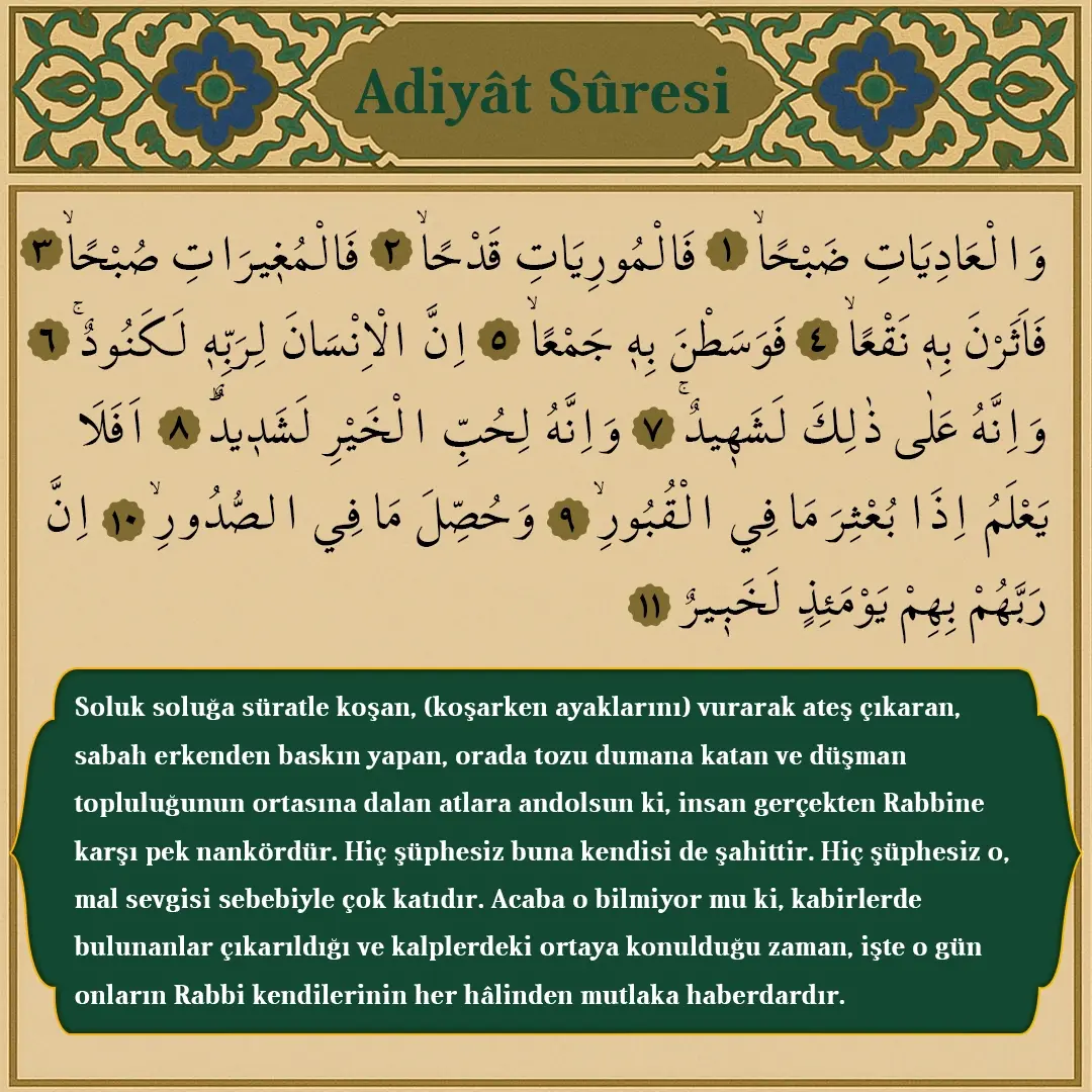 Adiyat Suresi Arapçası ve Meali