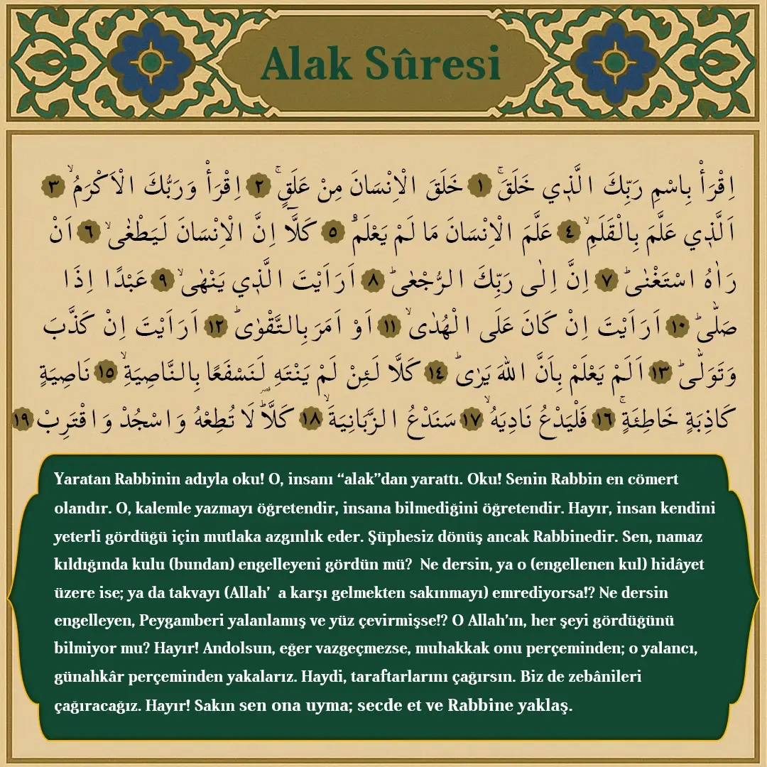 Alak Suresi Arapçası ve Meali