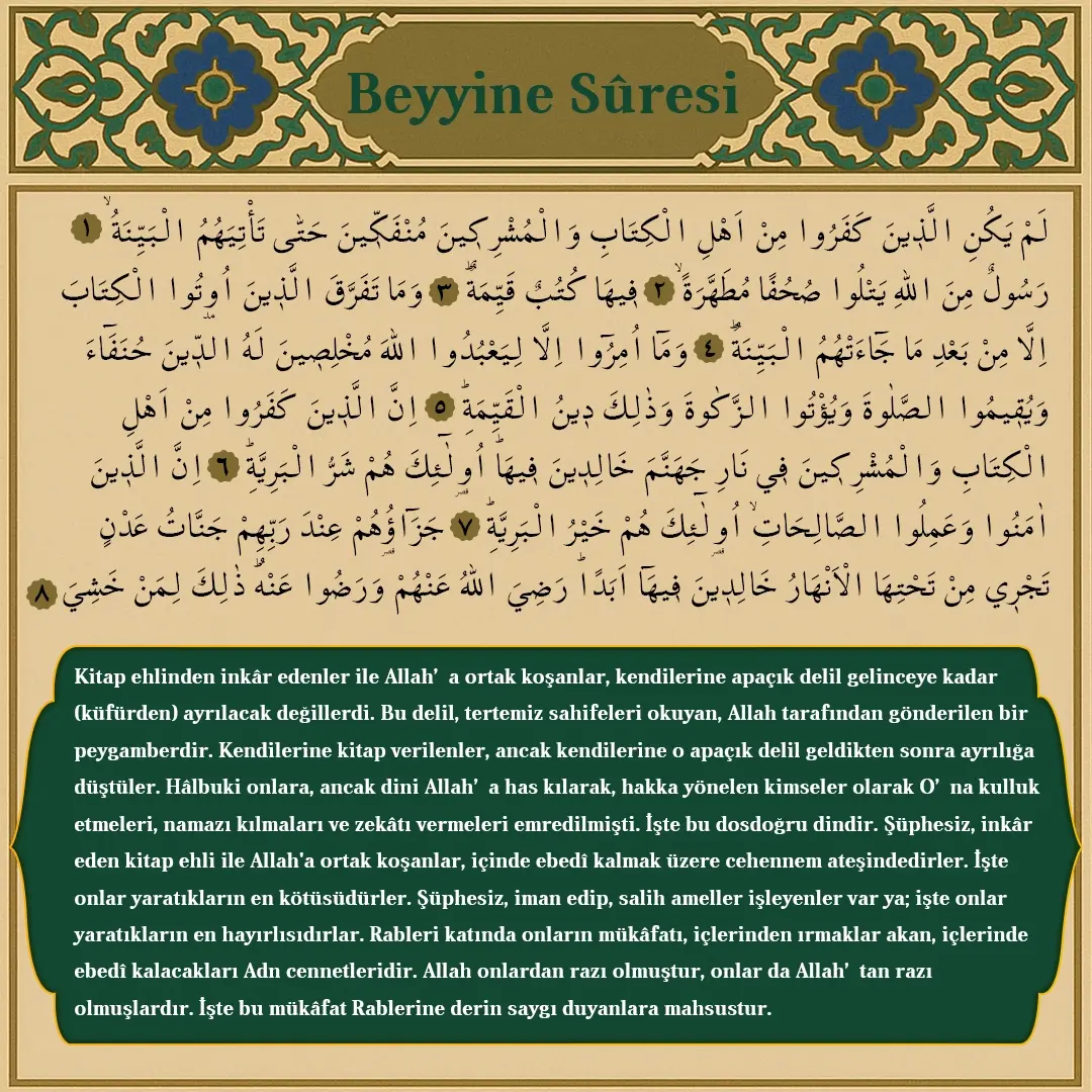Beyyine Suresi Arapçası ve Meali