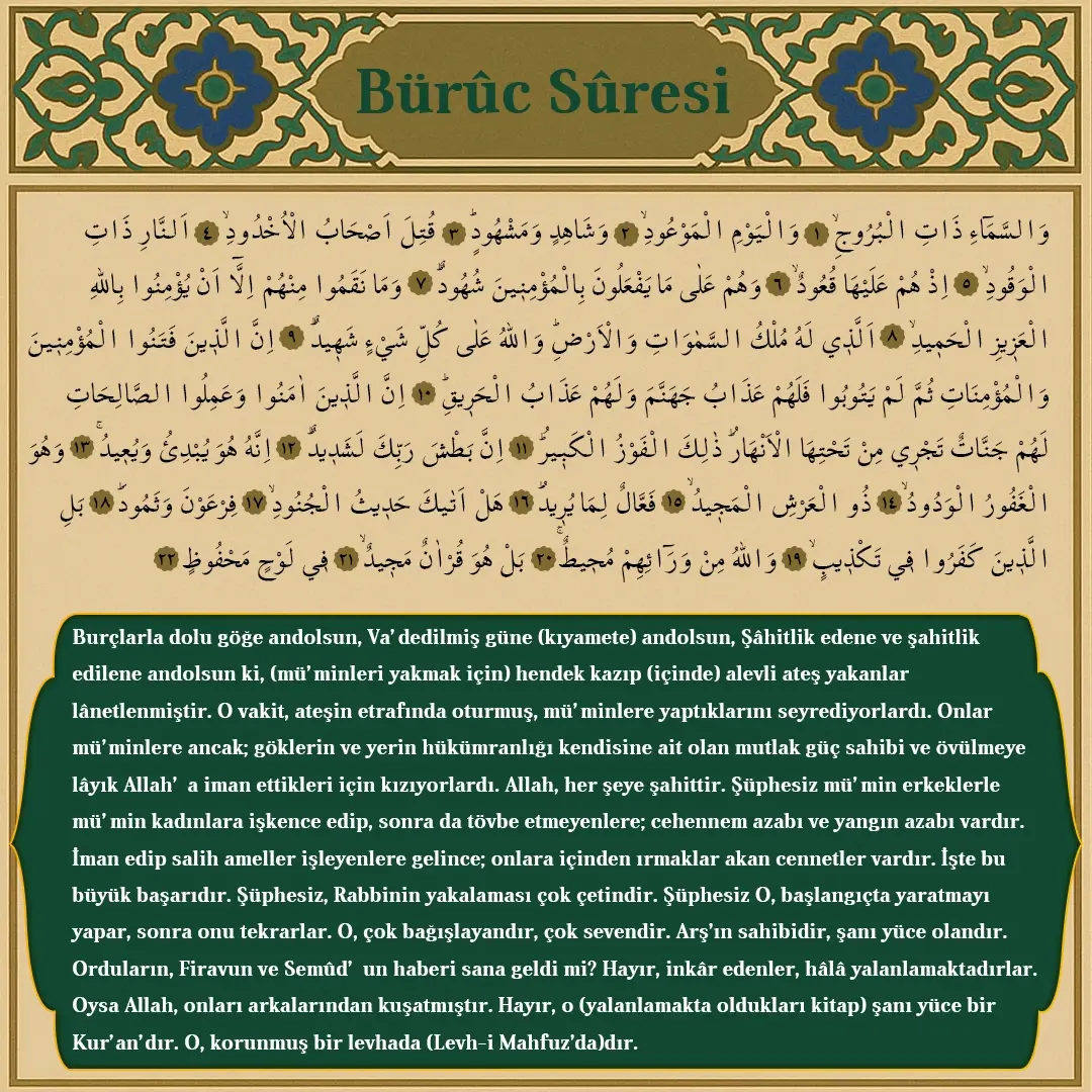 Buruc Suresi Arapçası ve Meali