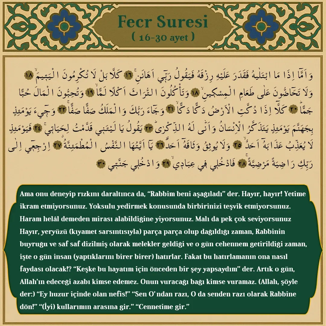 Fecr Suresi 16-30 Arapçası ve Meali