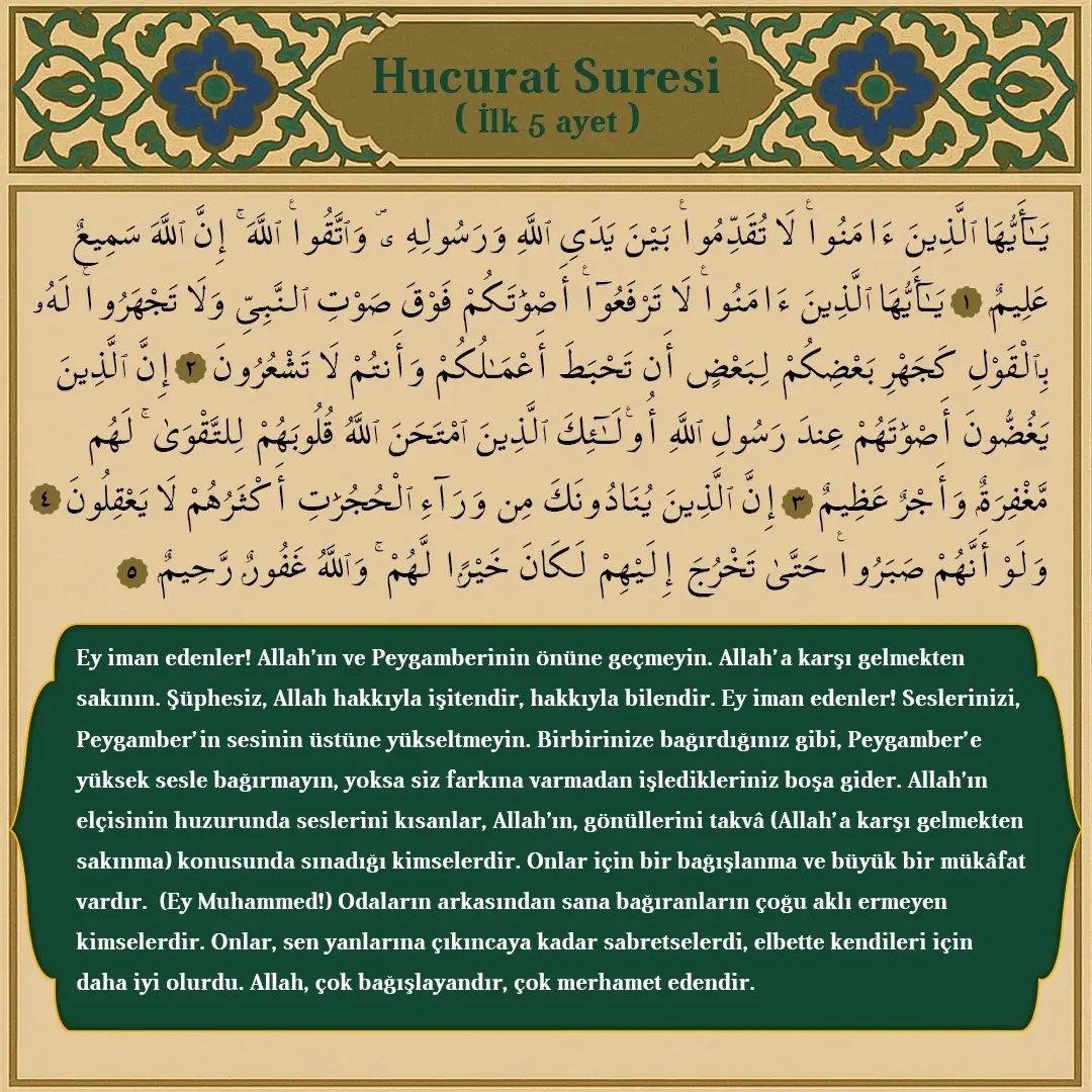 Hucurat Suresi İlk 5 Ayet Arapçası ve Meali