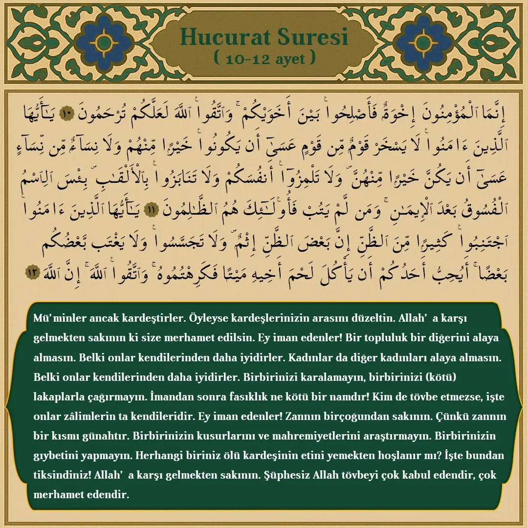 Hucurat Suresi (10-12) Ayet Arapçası ve Meali
