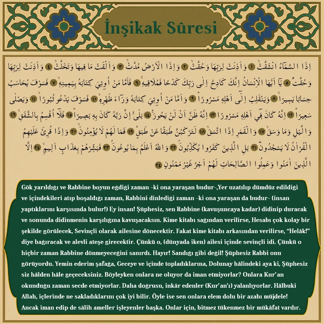 Insikak Suresi Arapçası ve Meali