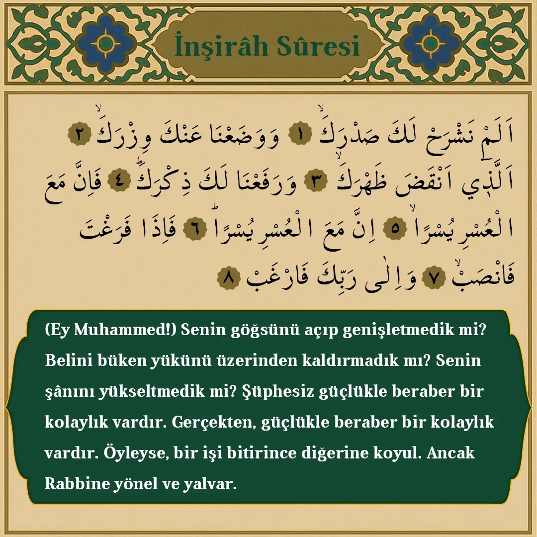 İnşirah Suresi Arapçası ve Meali