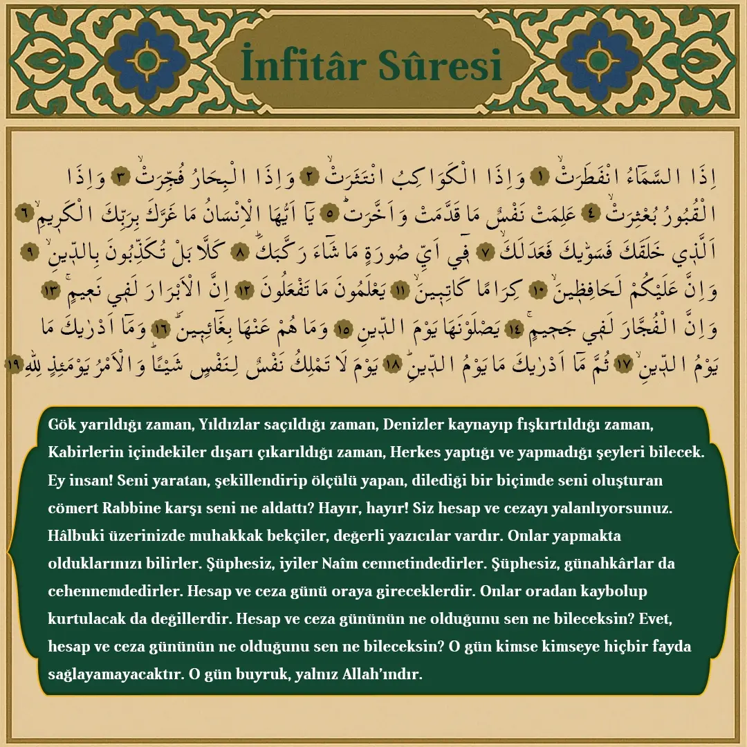 Infitar Suresi Arapçası ve Meali