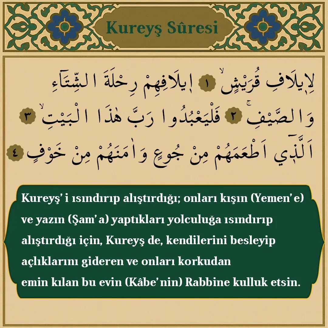 Kureyş Suresi Arapçası ve Meali