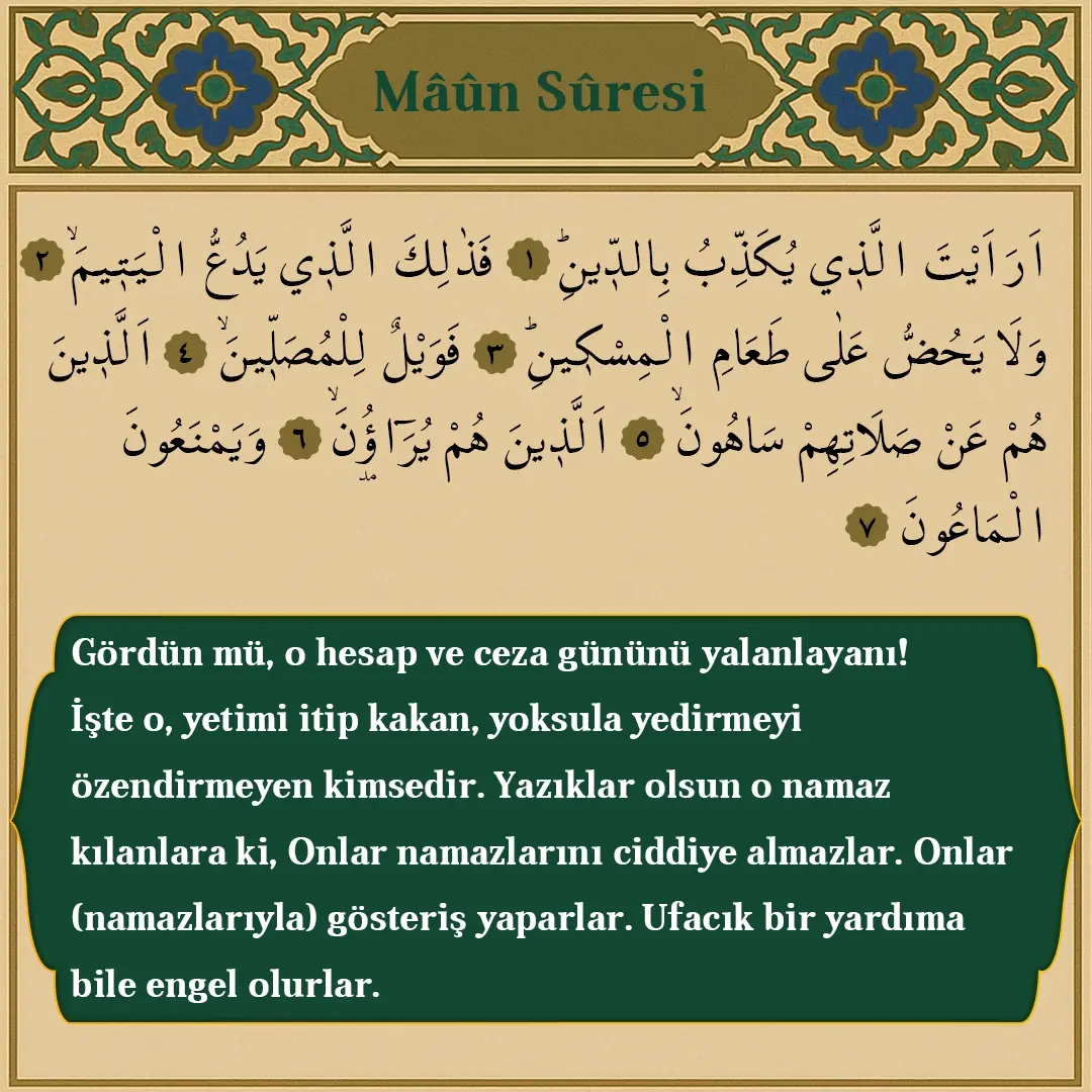 Maun Suresi Arapçası ve Meali