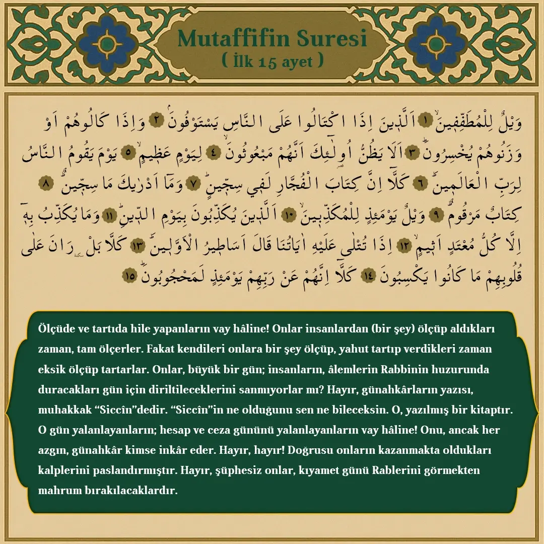 Mutaffifin Suresi 1-16. Ayet Arapçası ve Meali