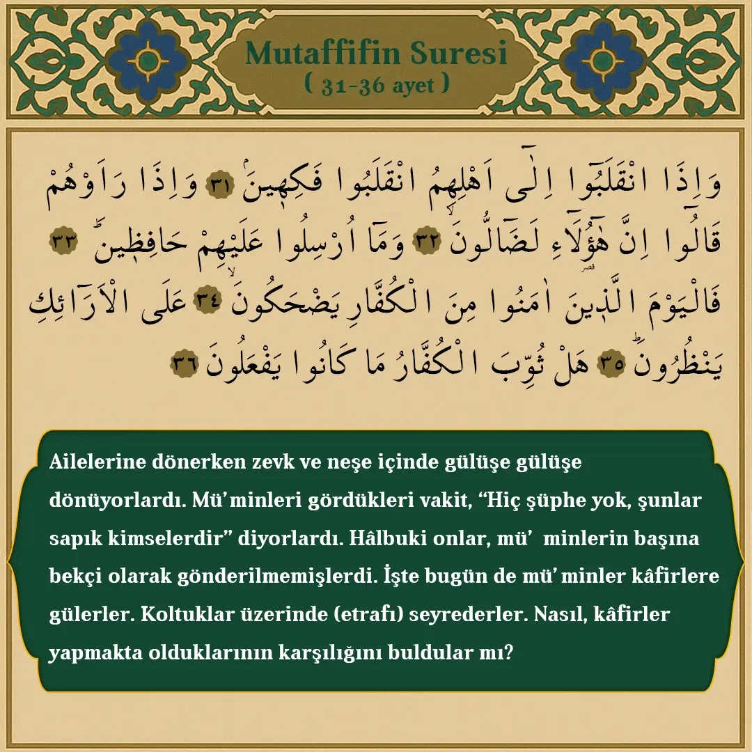 Mutafiffin Suresi 31-36. Ayet Arapçası ve Meali