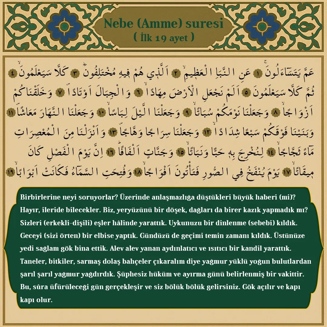 Nebe(Amme) Suresi İlk 19 Ayet Arapçası ve Meali