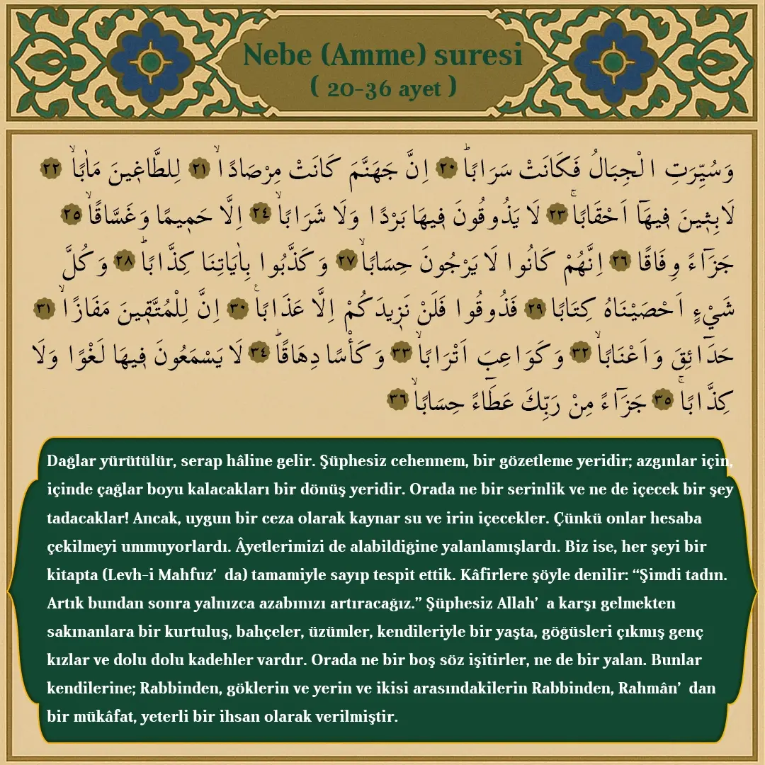 Nebe(Amme) Suresi (20-36) Ayet Arapçası ve Meali