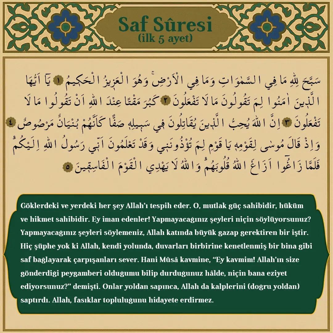 Saf Suresi 1-5. Ayet Arapçası ve Meali