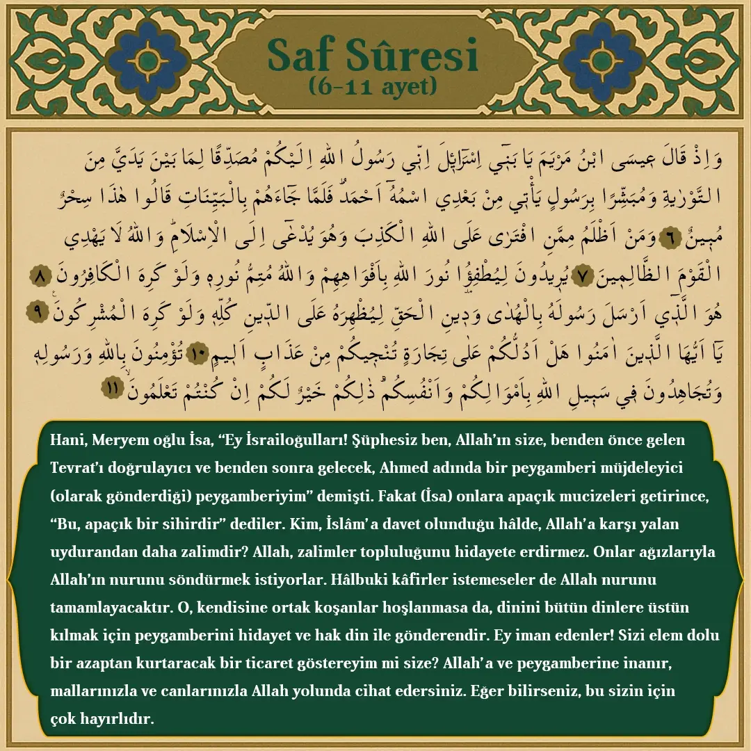 Saf Suresi 6-11. Ayet Arapçası ve Meali