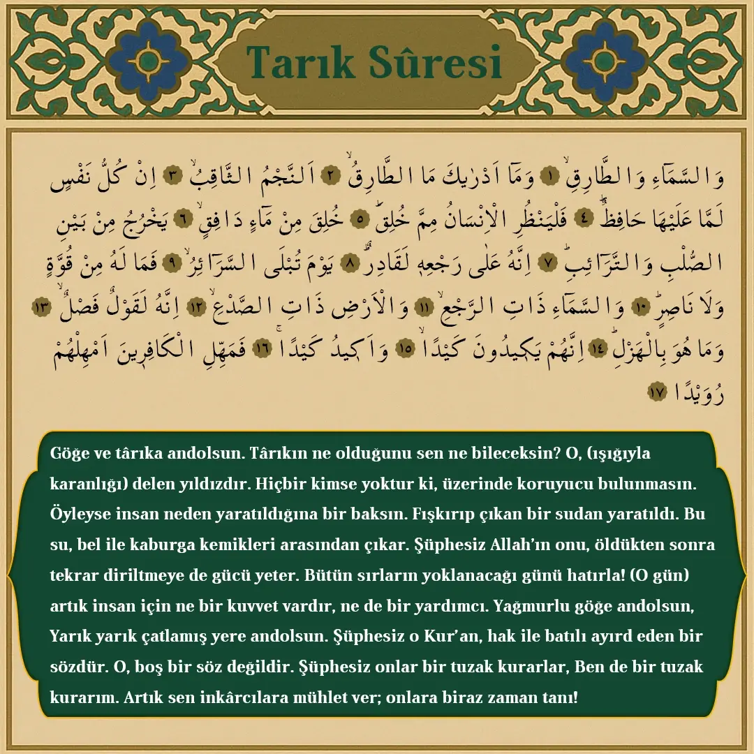 Tarık Suresi Arapçası ve Meali