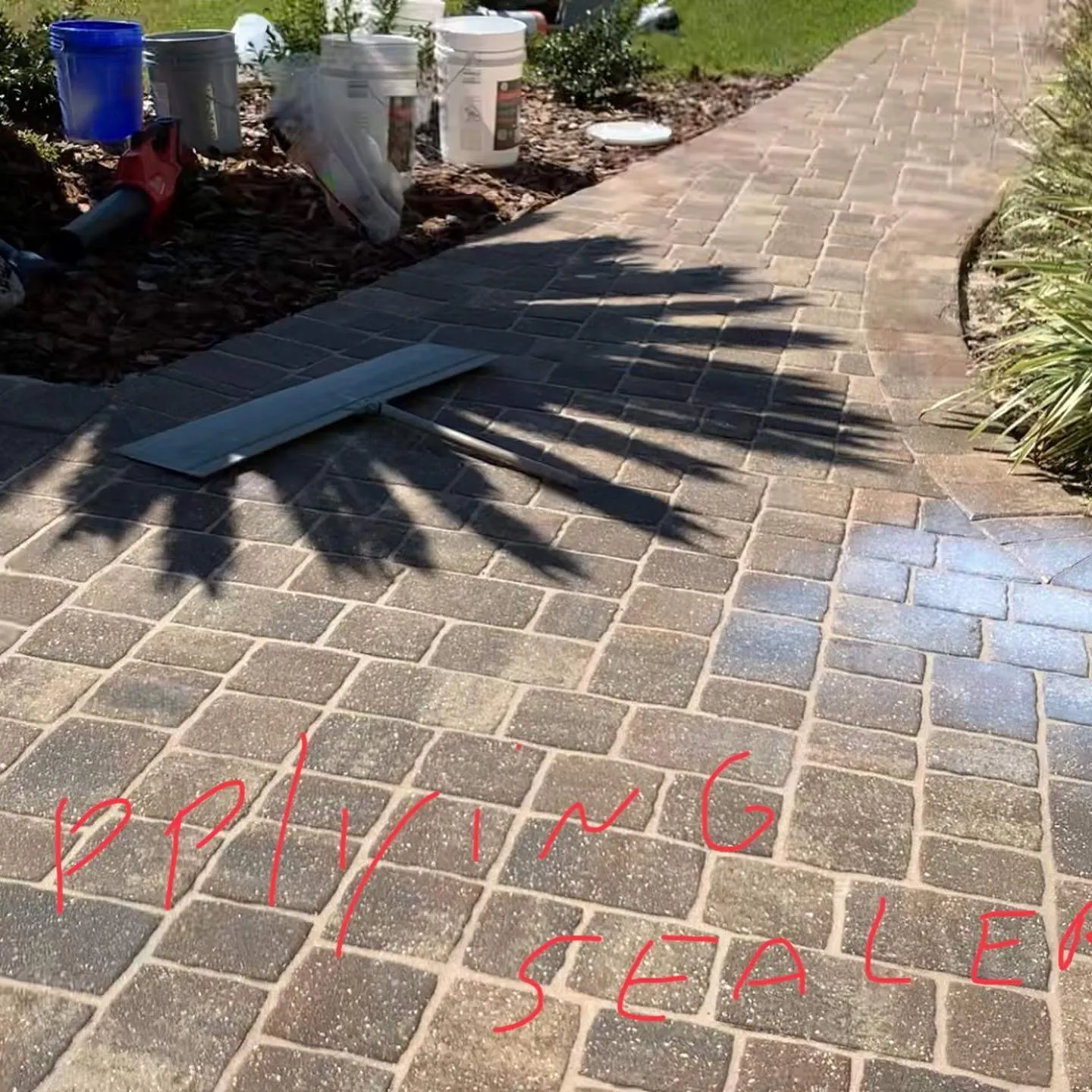 Paver walkway being sealed after pressure washing and re-sanding