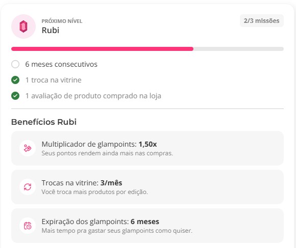 Nova página de Joias da glam: veja sua jornada, missões e o selo glam lover