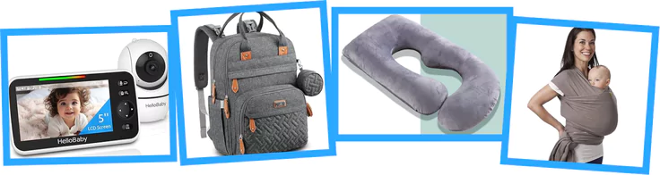 Line-up of Amazon product images featuring the HelloBaby Monitor, BabbleRoo Diaper Bag Backpack, Boba Baby Wrap Carrier, and Momcozy Pregnancy Pillow for expecting moms.