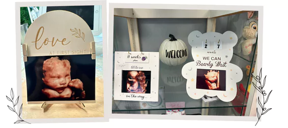 Styled photo of Baby Fairytale's ultrasound photo frames, including a wooden ornament frame for Christmas tree decoration.