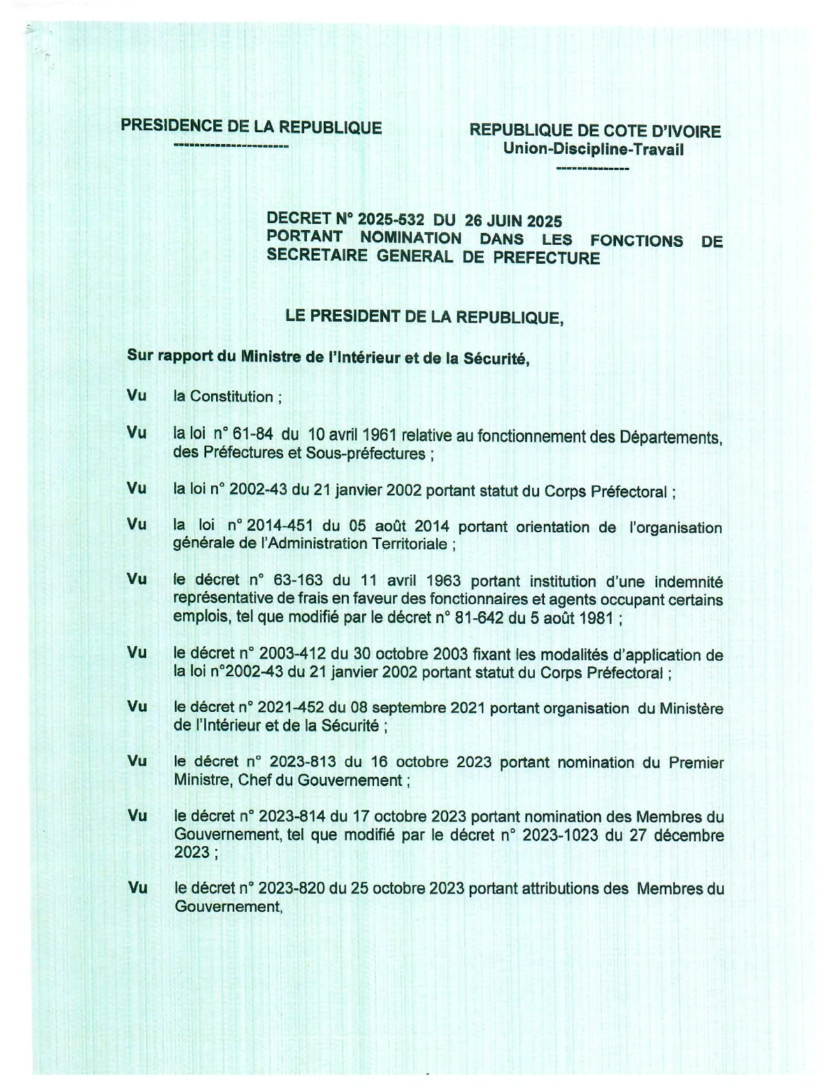 First page of the document: Decree No. 2025-532 of 26 June 2025 appointing Prefecture Secretaries-General