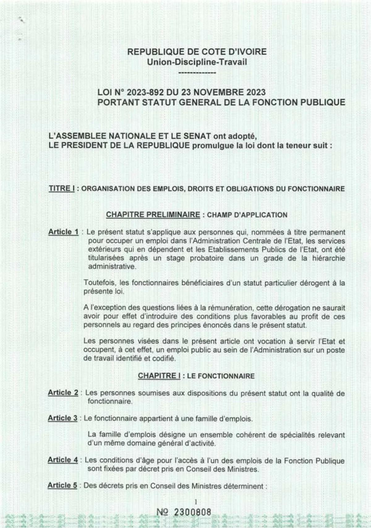 First page of the document: Law No. 2023-892 of 23 November 2023 on the General Statute of the Civil Service