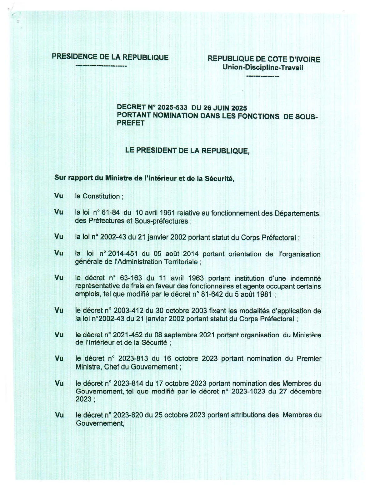First page of the document: Decree No. 2025-533 of 26 June 2025 appointing Sub-Prefects