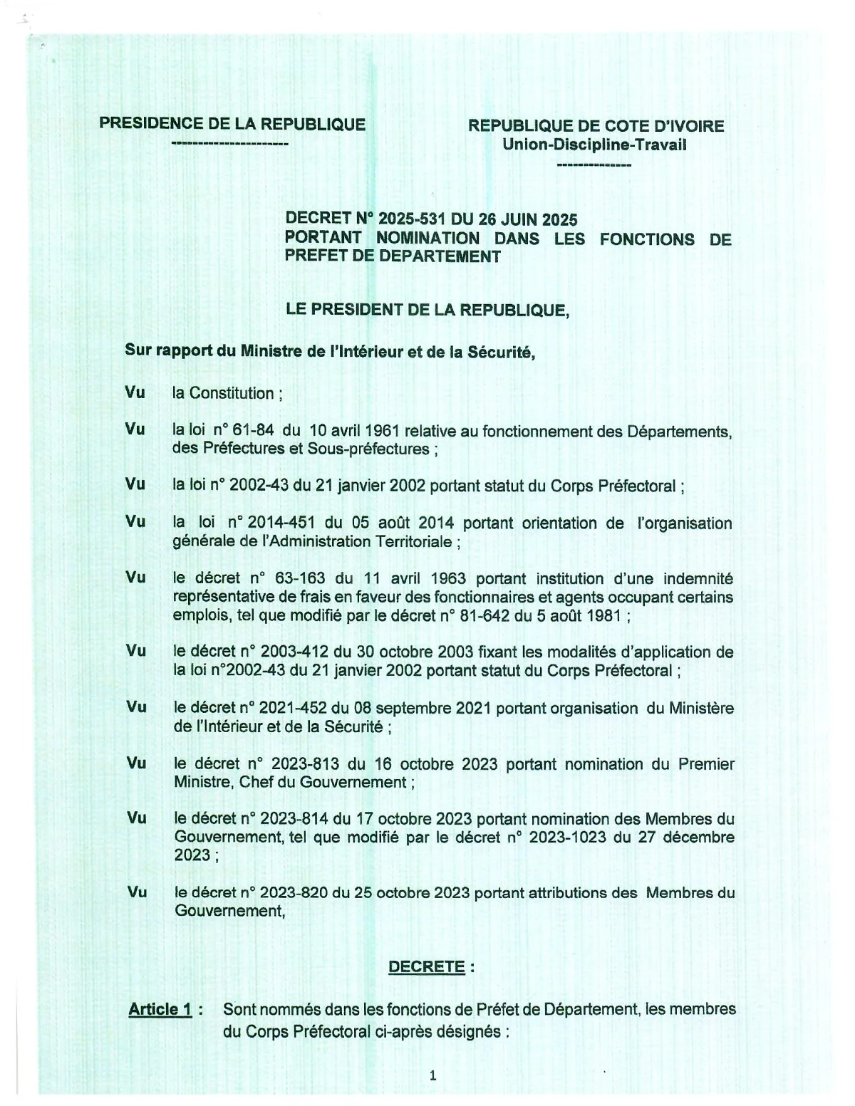 First page of the document: Decree No. 2025-531 of 26 June 2025 appointing Departmental Prefects
