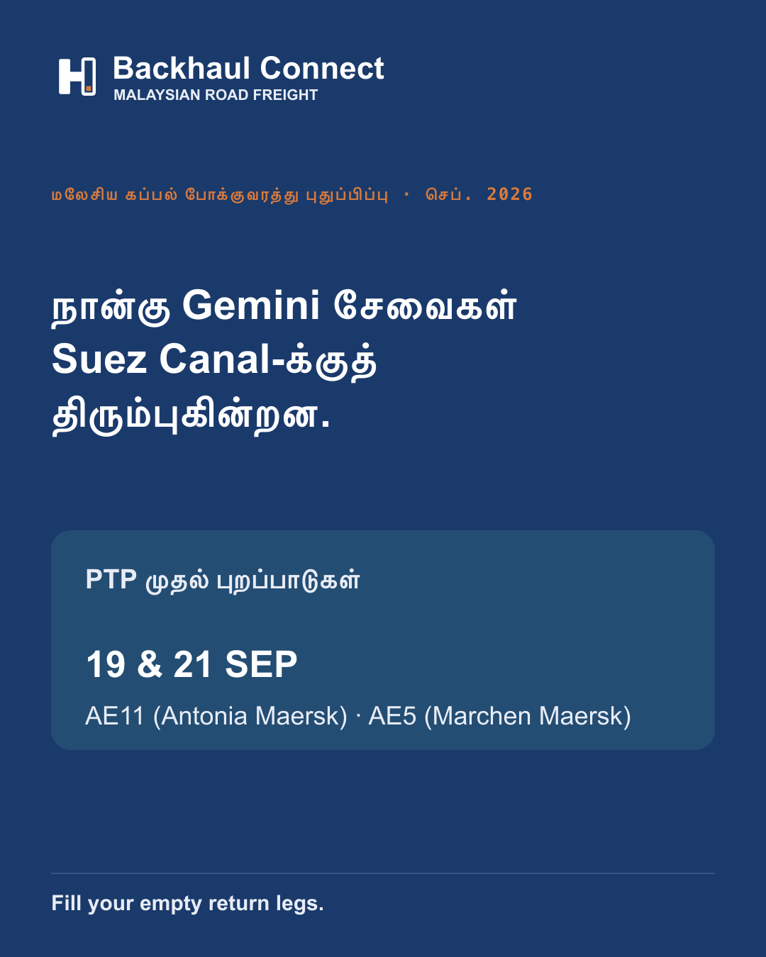 Gemini-யின் மேலும் நான்கு சேவைகள் Suez Canal-க்குத் திரும்புகின்றன; Pelabuhan Tanjung Pelepas (PTP) முதல் புறப்பாட்டு துறைமுகங்களில் ஒன்று