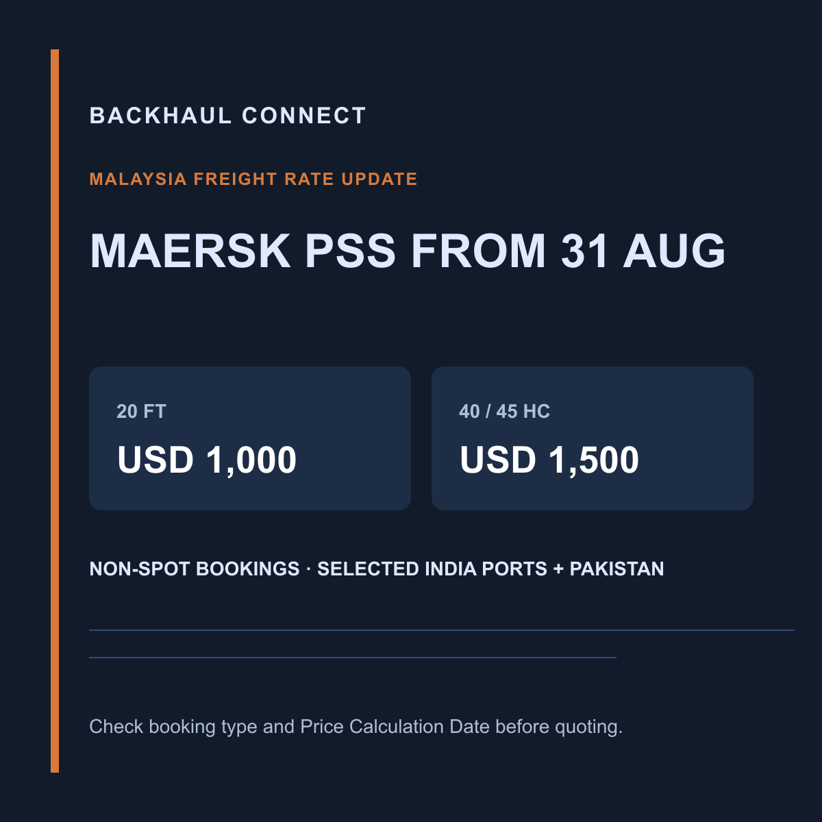 Maersk sets USD 1,000–1,500 PSS for Malaysia shipments to India and Pakistan from 31 August