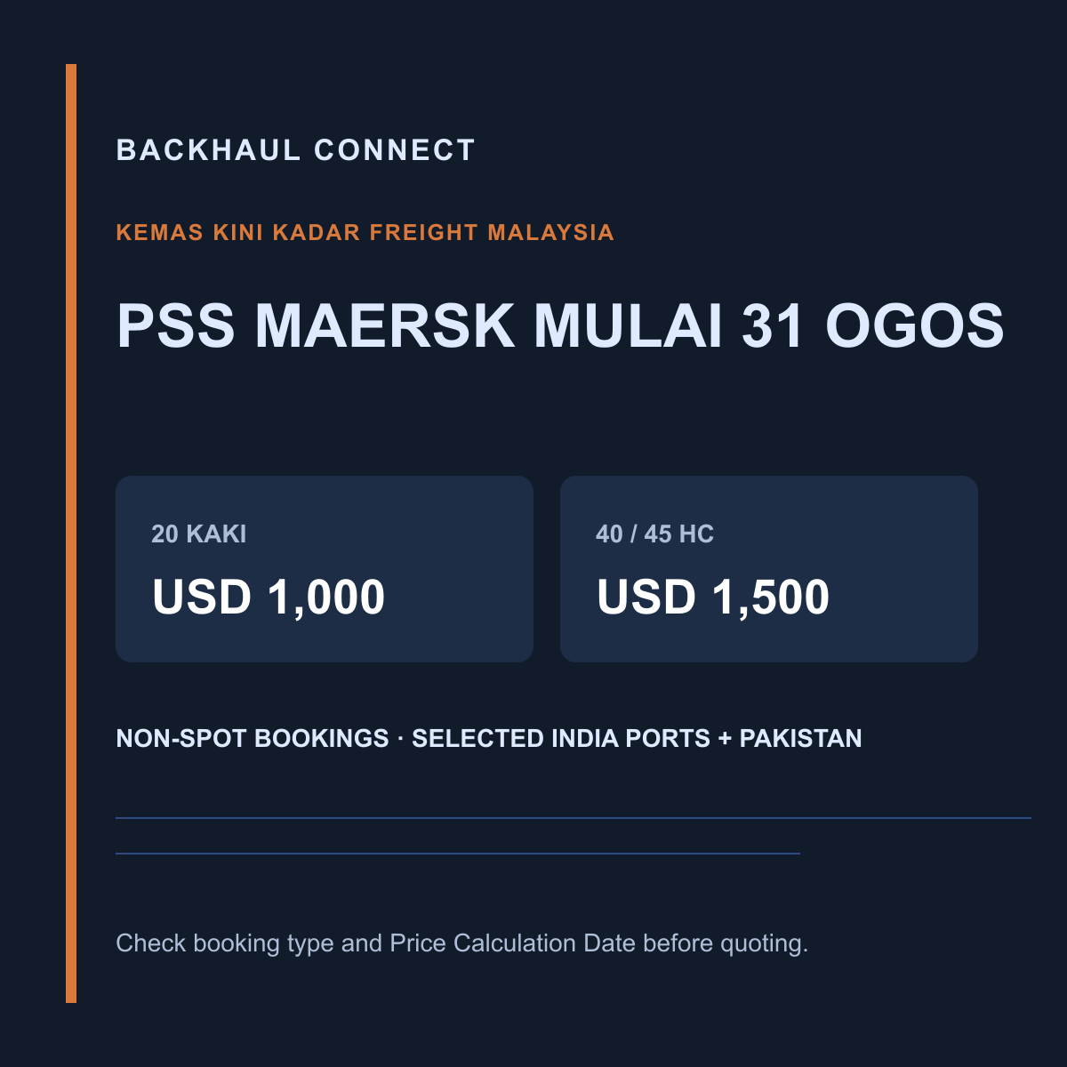 Maersk menetapkan PSS USD 1,000–1,500 untuk penghantaran Malaysia ke India dan Pakistan mulai 31 Ogos