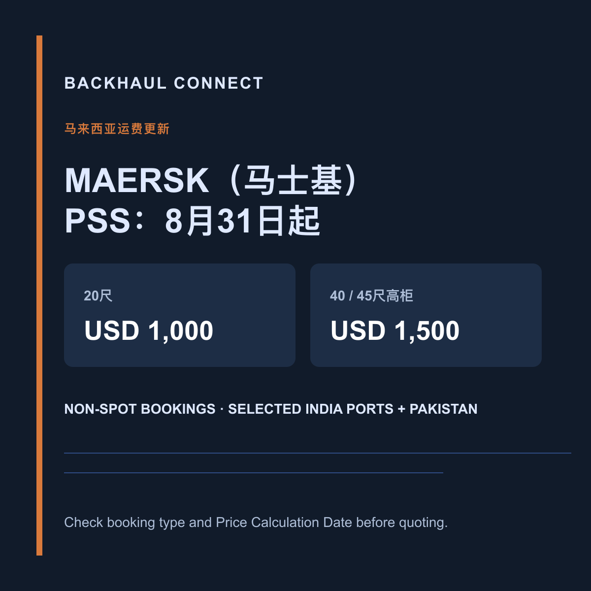 Maersk（马士基）对马来西亚至印度和巴基斯坦货运征收 USD 1,000–1,500 旺季附加费