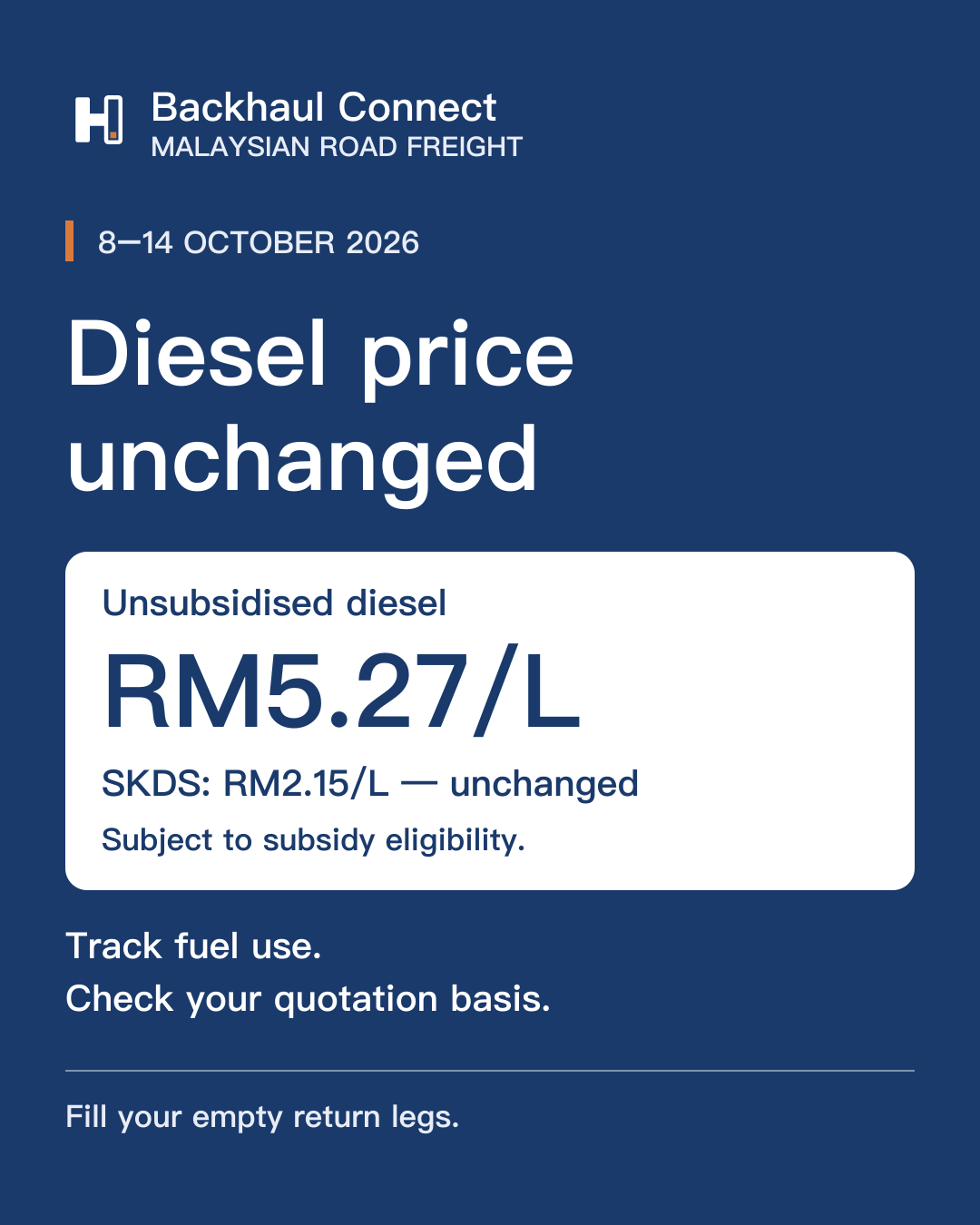 Malaysia diesel stays at RM5.27/L for 8–14 October 2026