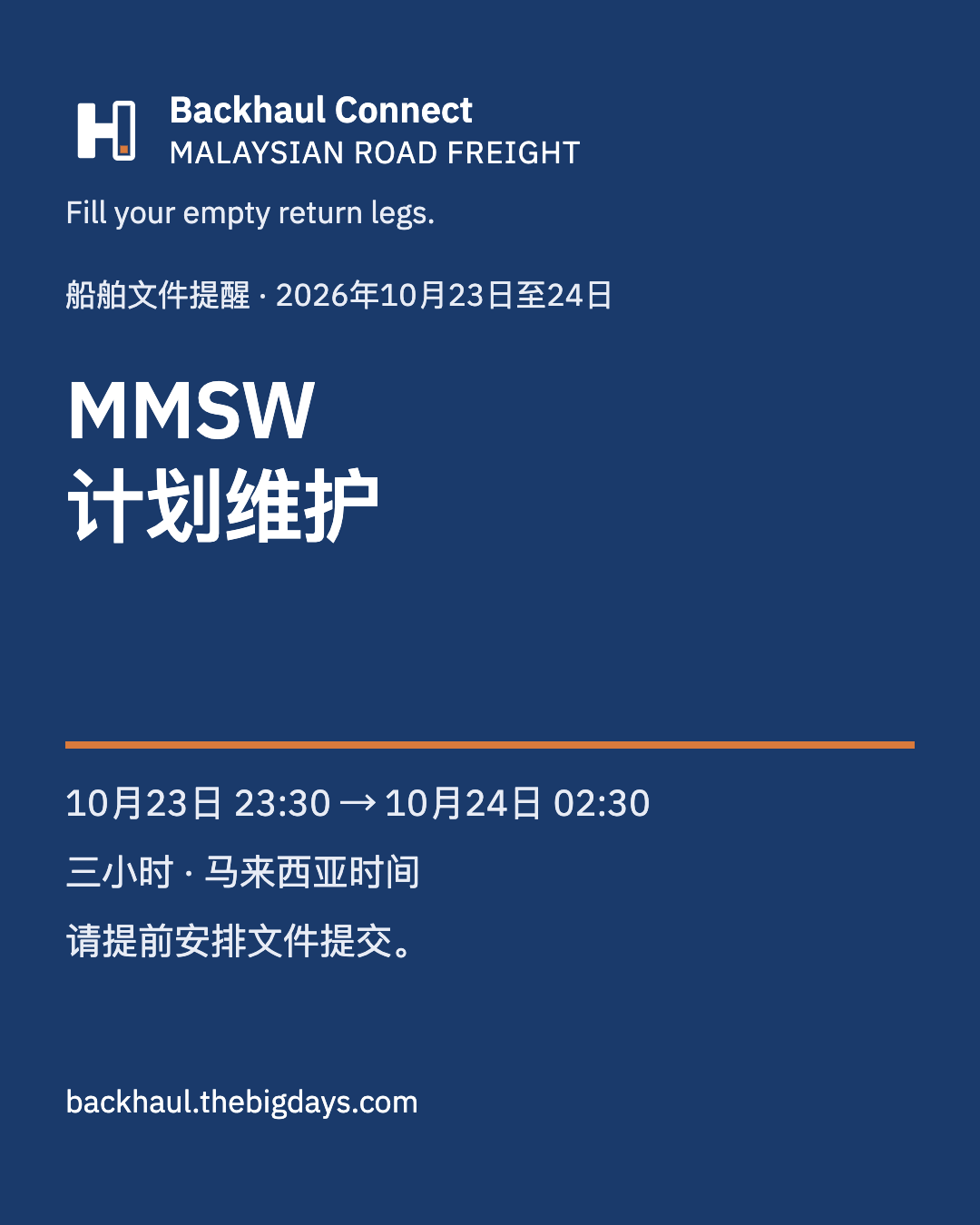 MMSW计划维护：10月23日至24日船舶文件提交安排