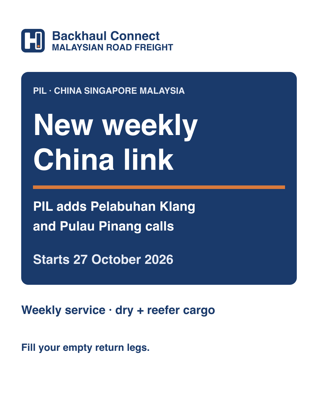 PIL Launches Weekly China–Malaysia Container Service Calling Port Klang and Penang