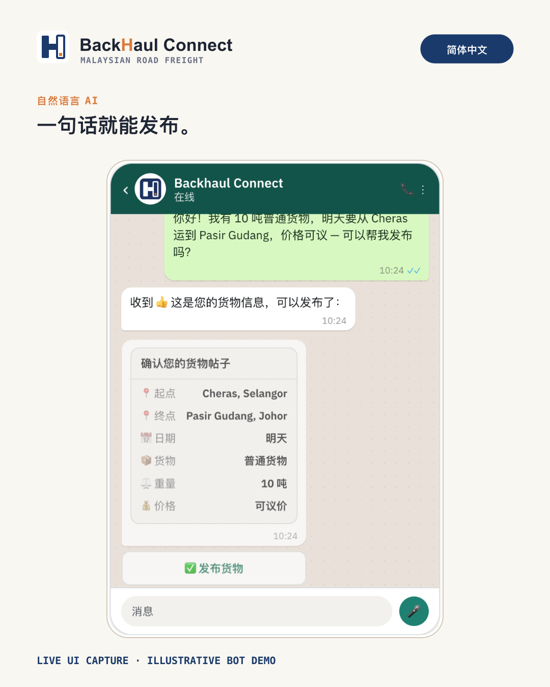 一句话发布货车路线：Backhaul Connect 机器人如何运作